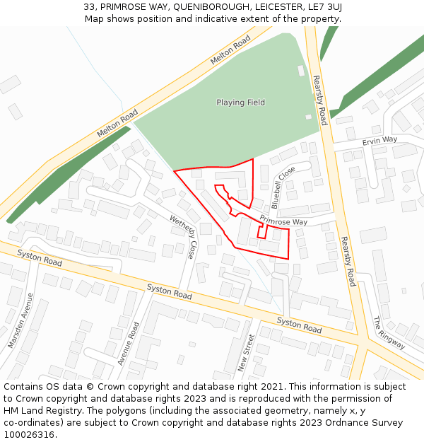 33, PRIMROSE WAY, QUENIBOROUGH, LEICESTER, LE7 3UJ: Location map and indicative extent of plot