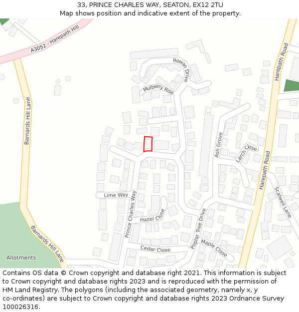 33, PRINCE CHARLES WAY, SEATON, EX12 2TU: Location map and indicative extent of plot