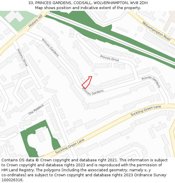 33, PRINCES GARDENS, CODSALL, WOLVERHAMPTON, WV8 2DH: Location map and indicative extent of plot