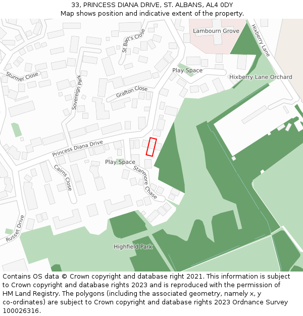 33, PRINCESS DIANA DRIVE, ST. ALBANS, AL4 0DY: Location map and indicative extent of plot