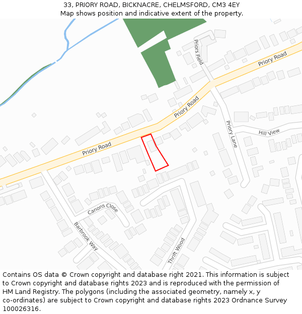 33, PRIORY ROAD, BICKNACRE, CHELMSFORD, CM3 4EY: Location map and indicative extent of plot