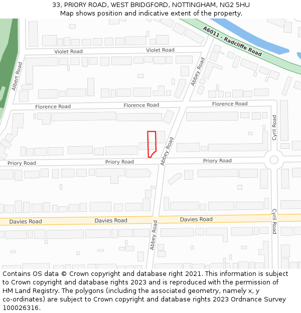 33, PRIORY ROAD, WEST BRIDGFORD, NOTTINGHAM, NG2 5HU: Location map and indicative extent of plot