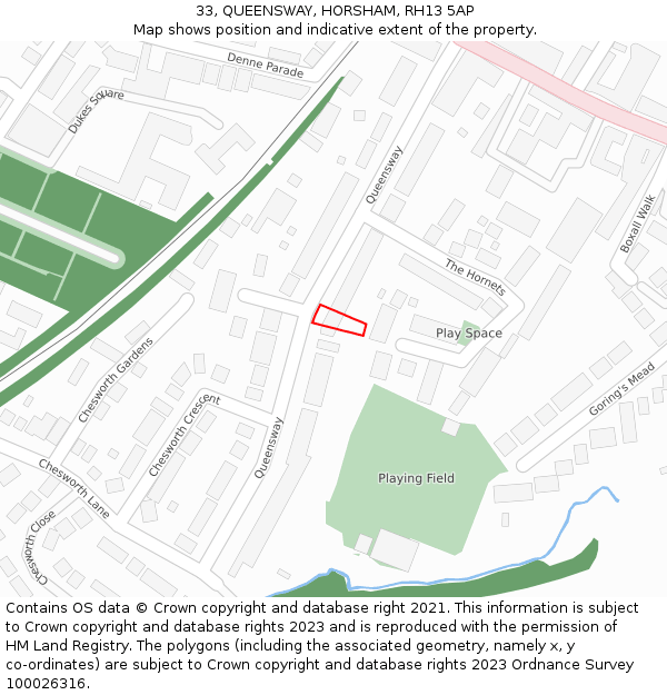 33, QUEENSWAY, HORSHAM, RH13 5AP: Location map and indicative extent of plot