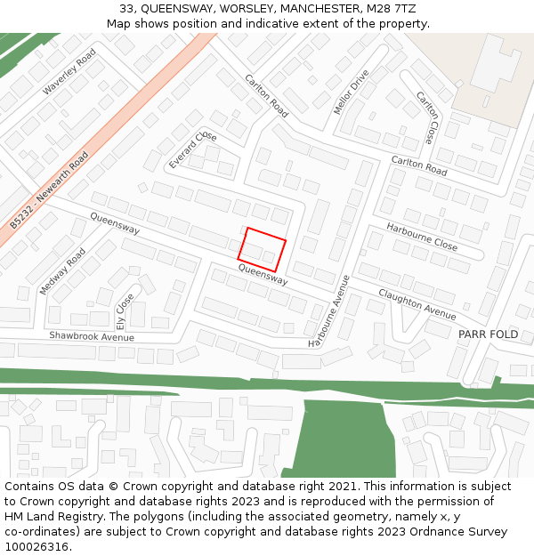 33, QUEENSWAY, WORSLEY, MANCHESTER, M28 7TZ: Location map and indicative extent of plot