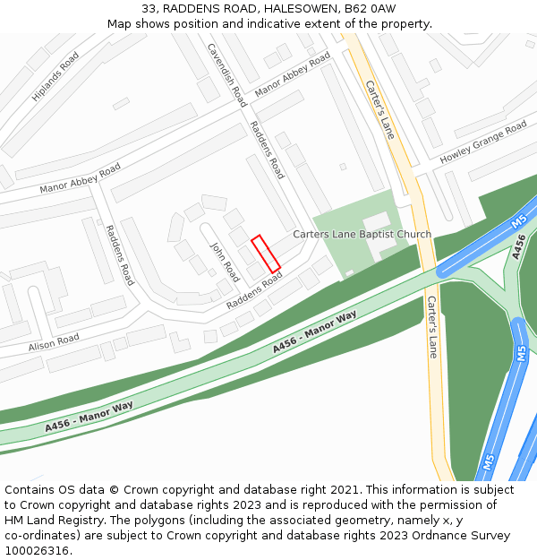 33, RADDENS ROAD, HALESOWEN, B62 0AW: Location map and indicative extent of plot