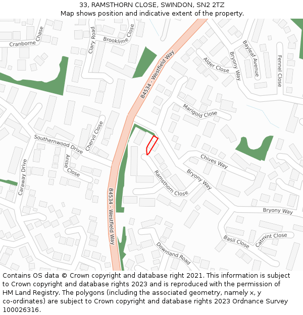 33, RAMSTHORN CLOSE, SWINDON, SN2 2TZ: Location map and indicative extent of plot