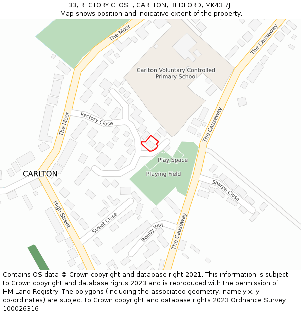 33, RECTORY CLOSE, CARLTON, BEDFORD, MK43 7JT: Location map and indicative extent of plot