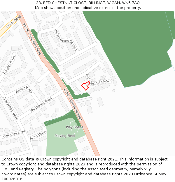 33, RED CHESTNUT CLOSE, BILLINGE, WIGAN, WN5 7AQ: Location map and indicative extent of plot