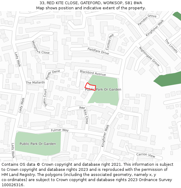 33, RED KITE CLOSE, GATEFORD, WORKSOP, S81 8WA: Location map and indicative extent of plot