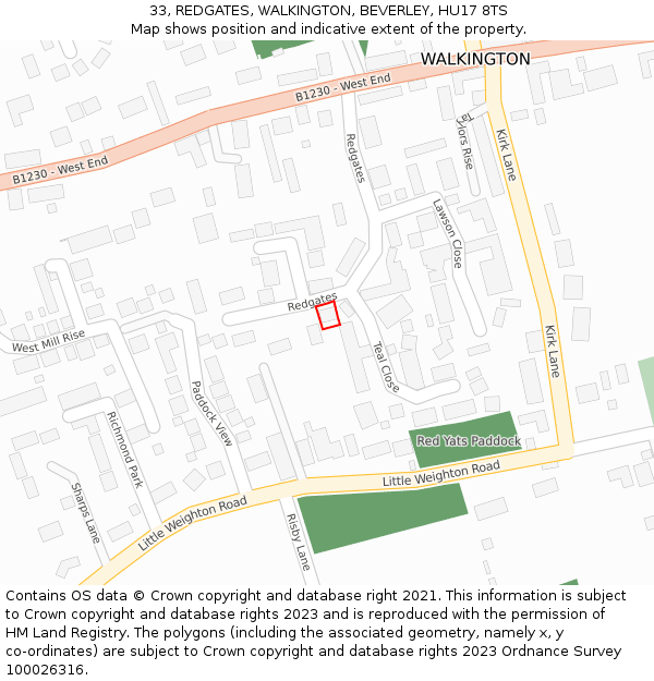 33, REDGATES, WALKINGTON, BEVERLEY, HU17 8TS: Location map and indicative extent of plot