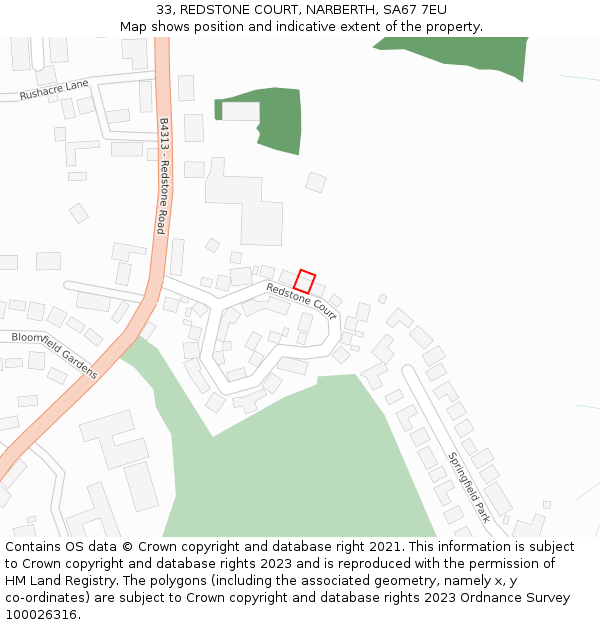 33, REDSTONE COURT, NARBERTH, SA67 7EU: Location map and indicative extent of plot