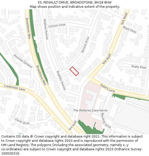 33, RENAULT DRIVE, BROADSTONE, BH18 8HW: Location map and indicative extent of plot