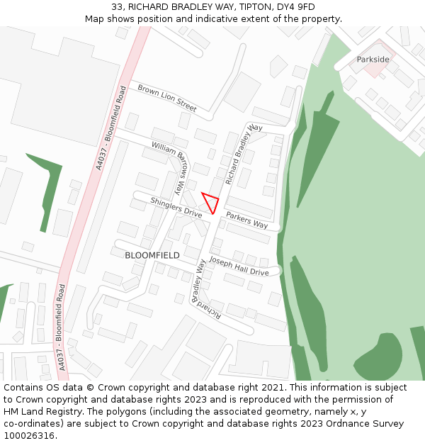 33, RICHARD BRADLEY WAY, TIPTON, DY4 9FD: Location map and indicative extent of plot