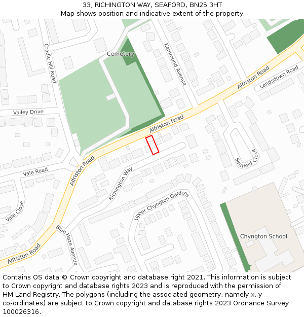 33, RICHINGTON WAY, SEAFORD, BN25 3HT: Location map and indicative extent of plot