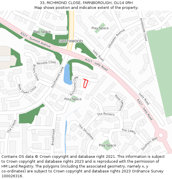 33, RICHMOND CLOSE, FARNBOROUGH, GU14 0RH: Location map and indicative extent of plot
