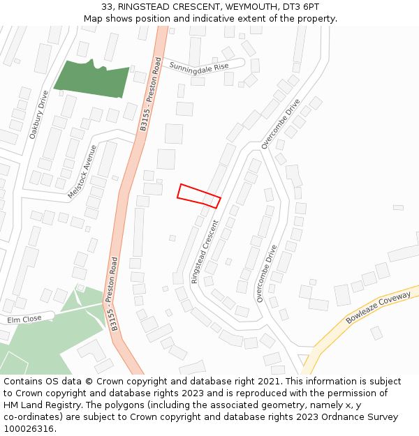 33, RINGSTEAD CRESCENT, WEYMOUTH, DT3 6PT: Location map and indicative extent of plot