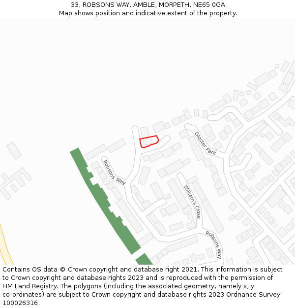 33, ROBSONS WAY, AMBLE, MORPETH, NE65 0GA: Location map and indicative extent of plot