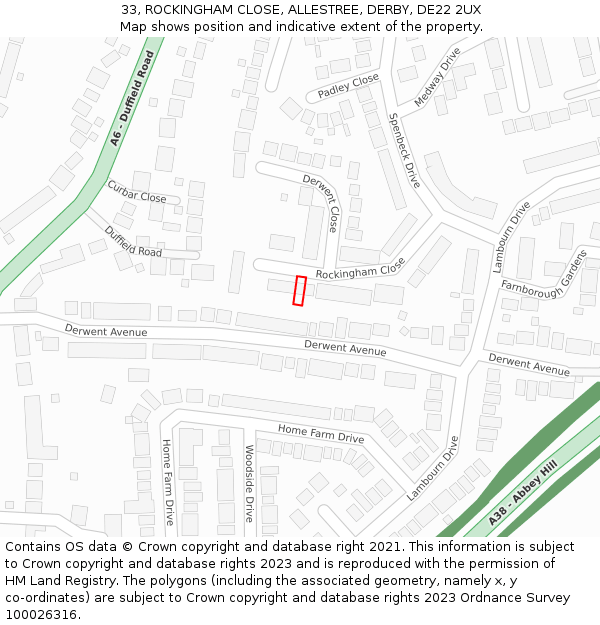 33, ROCKINGHAM CLOSE, ALLESTREE, DERBY, DE22 2UX: Location map and indicative extent of plot