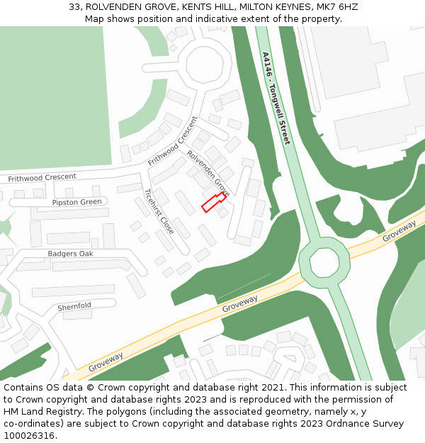 33, ROLVENDEN GROVE, KENTS HILL, MILTON KEYNES, MK7 6HZ: Location map and indicative extent of plot