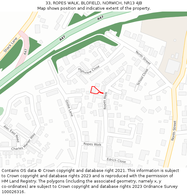 33, ROPES WALK, BLOFIELD, NORWICH, NR13 4JB: Location map and indicative extent of plot
