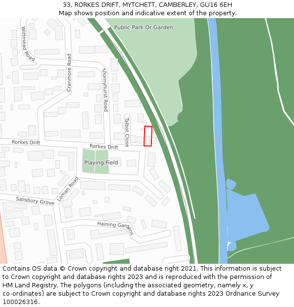 33, RORKES DRIFT, MYTCHETT, CAMBERLEY, GU16 6EH: Location map and indicative extent of plot