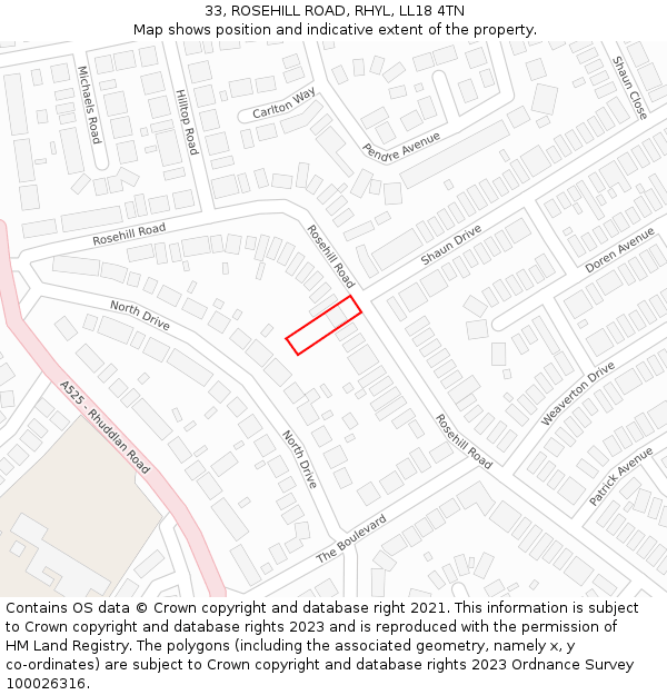 33, ROSEHILL ROAD, RHYL, LL18 4TN: Location map and indicative extent of plot