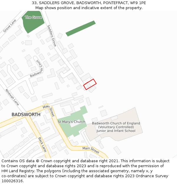 33, SADDLERS GROVE, BADSWORTH, PONTEFRACT, WF9 1PE: Location map and indicative extent of plot