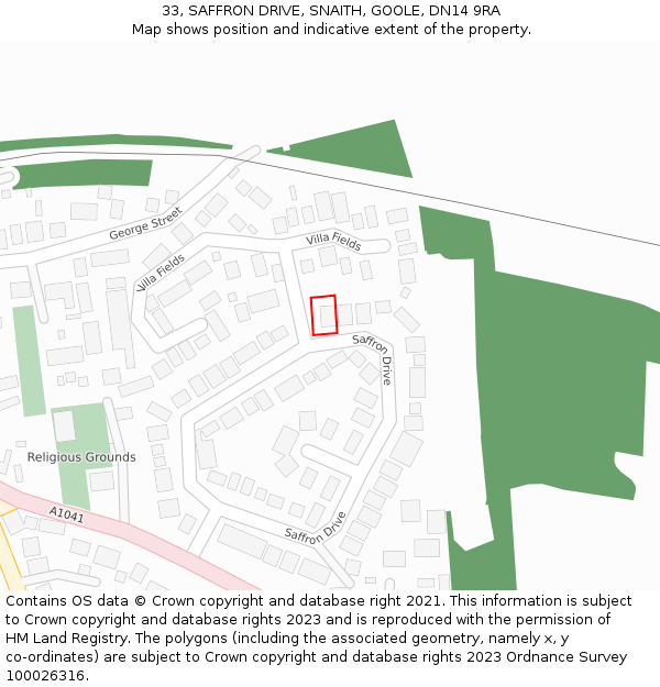 33, SAFFRON DRIVE, SNAITH, GOOLE, DN14 9RA: Location map and indicative extent of plot