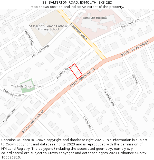 33, SALTERTON ROAD, EXMOUTH, EX8 2ED: Location map and indicative extent of plot
