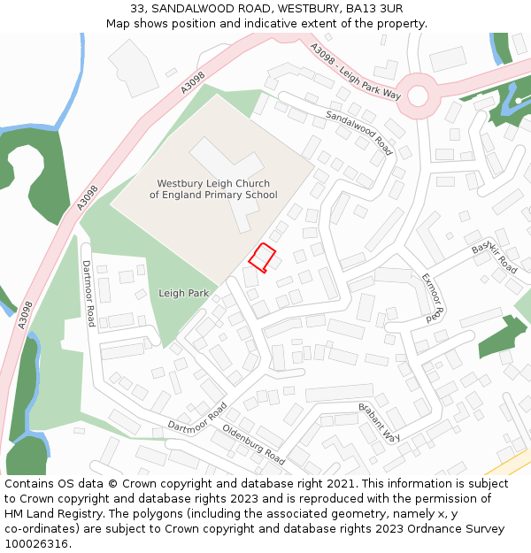 33, SANDALWOOD ROAD, WESTBURY, BA13 3UR: Location map and indicative extent of plot