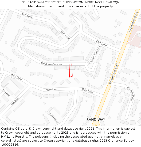 33, SANDOWN CRESCENT, CUDDINGTON, NORTHWICH, CW8 2QN: Location map and indicative extent of plot