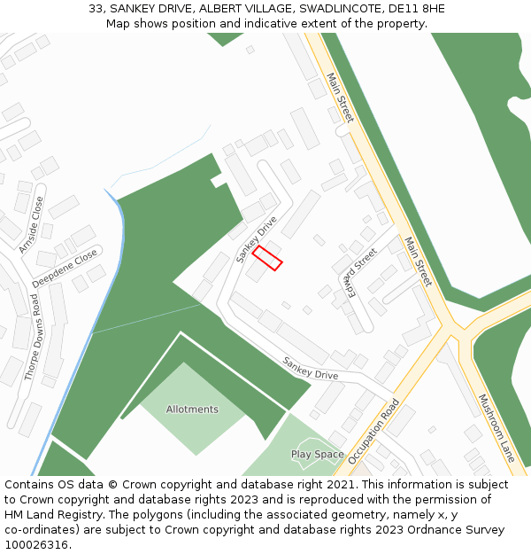 33, SANKEY DRIVE, ALBERT VILLAGE, SWADLINCOTE, DE11 8HE: Location map and indicative extent of plot