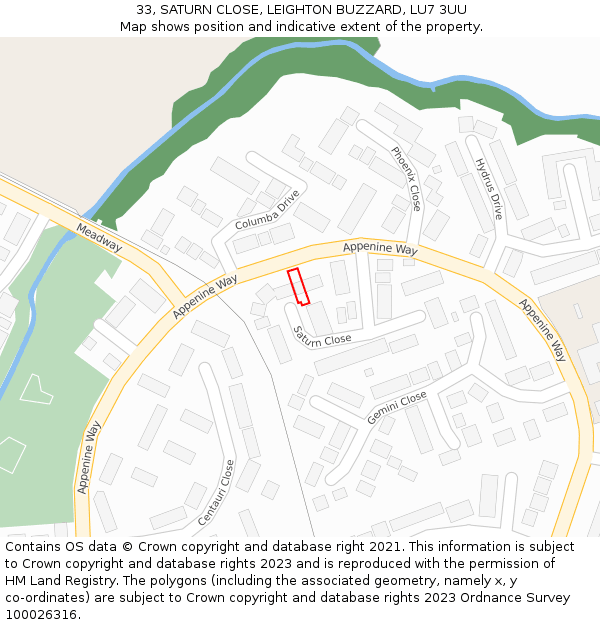 33, SATURN CLOSE, LEIGHTON BUZZARD, LU7 3UU: Location map and indicative extent of plot