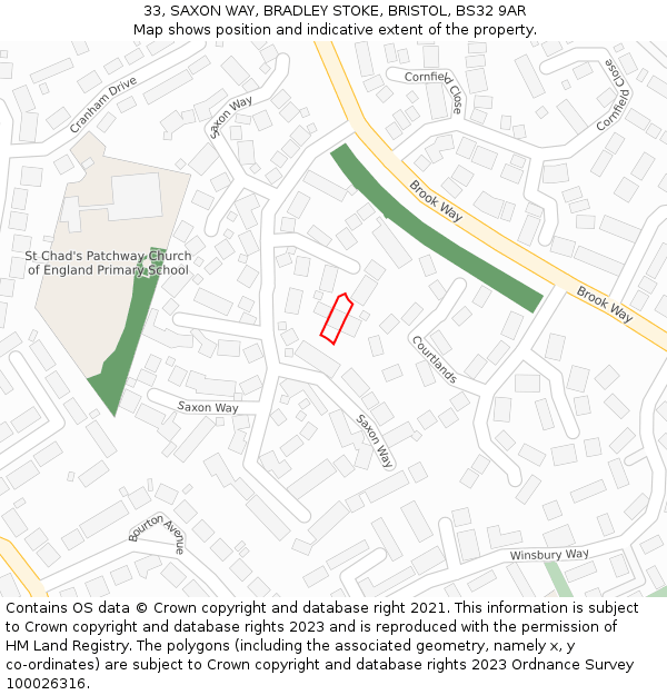 33, SAXON WAY, BRADLEY STOKE, BRISTOL, BS32 9AR: Location map and indicative extent of plot