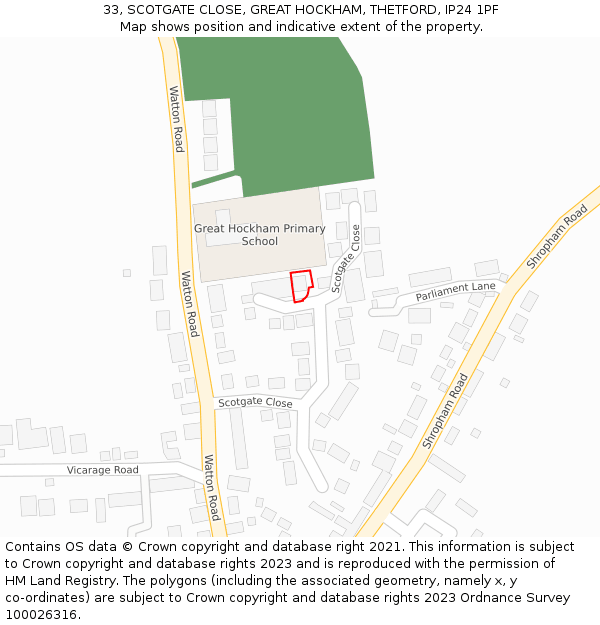 33, SCOTGATE CLOSE, GREAT HOCKHAM, THETFORD, IP24 1PF: Location map and indicative extent of plot