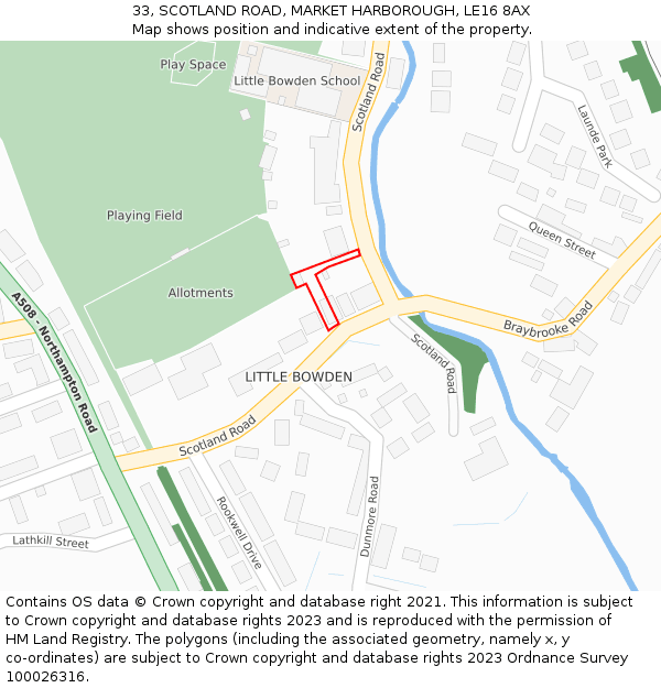 33, SCOTLAND ROAD, MARKET HARBOROUGH, LE16 8AX: Location map and indicative extent of plot