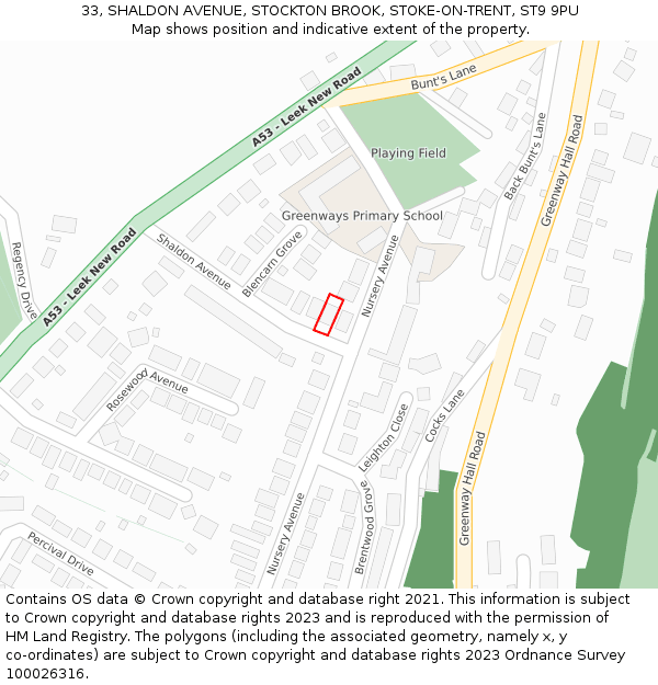 33, SHALDON AVENUE, STOCKTON BROOK, STOKE-ON-TRENT, ST9 9PU: Location map and indicative extent of plot