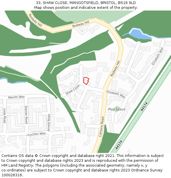 33, SHAW CLOSE, MANGOTSFIELD, BRISTOL, BS16 9LD: Location map and indicative extent of plot