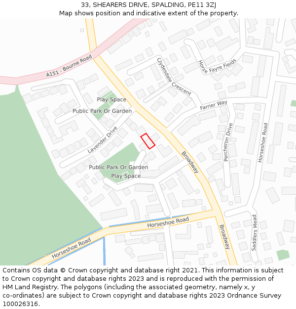 33, SHEARERS DRIVE, SPALDING, PE11 3ZJ: Location map and indicative extent of plot