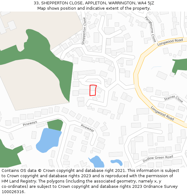 33, SHEPPERTON CLOSE, APPLETON, WARRINGTON, WA4 5JZ: Location map and indicative extent of plot