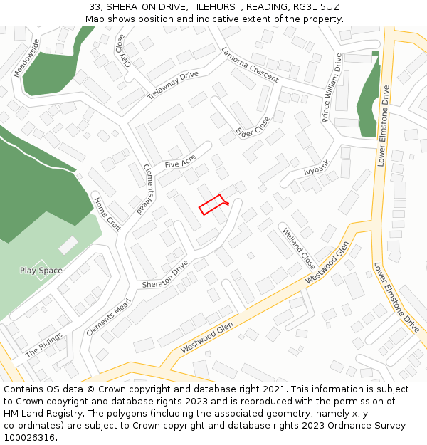 33, SHERATON DRIVE, TILEHURST, READING, RG31 5UZ: Location map and indicative extent of plot