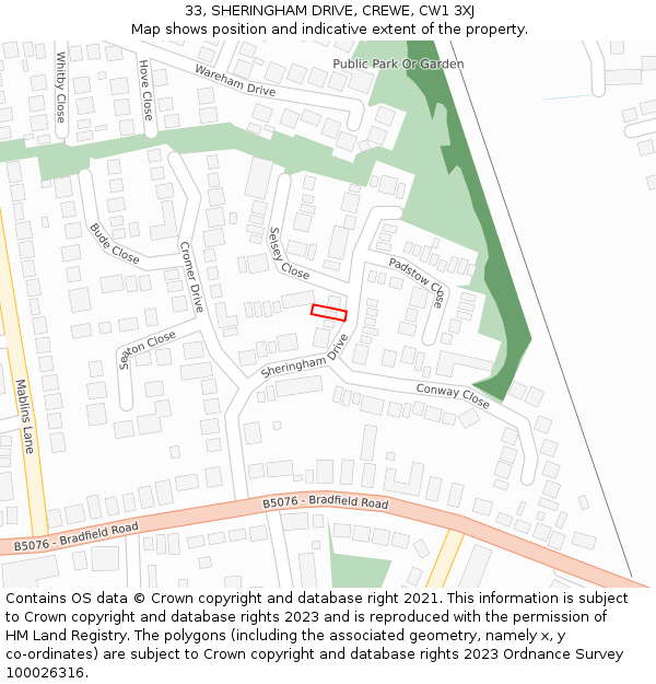 33, SHERINGHAM DRIVE, CREWE, CW1 3XJ: Location map and indicative extent of plot