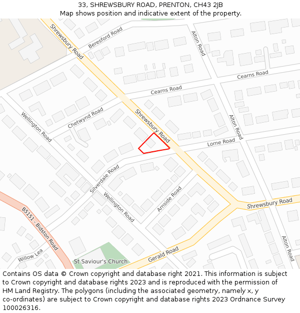 33, SHREWSBURY ROAD, PRENTON, CH43 2JB: Location map and indicative extent of plot