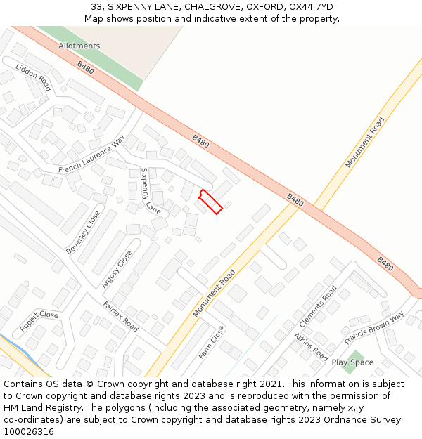 33, SIXPENNY LANE, CHALGROVE, OXFORD, OX44 7YD: Location map and indicative extent of plot