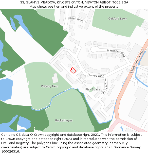 33, SLANNS MEADOW, KINGSTEIGNTON, NEWTON ABBOT, TQ12 3GA: Location map and indicative extent of plot