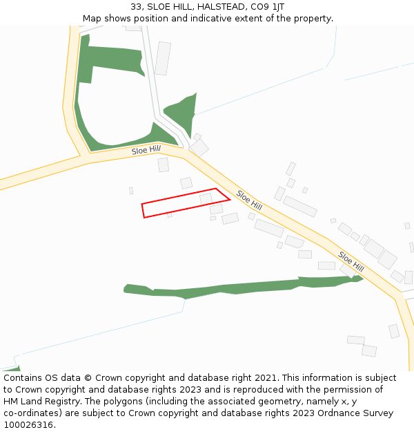 33, SLOE HILL, HALSTEAD, CO9 1JT: Location map and indicative extent of plot