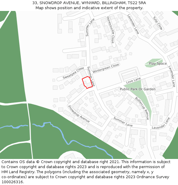 33, SNOWDROP AVENUE, WYNYARD, BILLINGHAM, TS22 5RA: Location map and indicative extent of plot