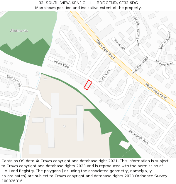 33, SOUTH VIEW, KENFIG HILL, BRIDGEND, CF33 6DG: Location map and indicative extent of plot