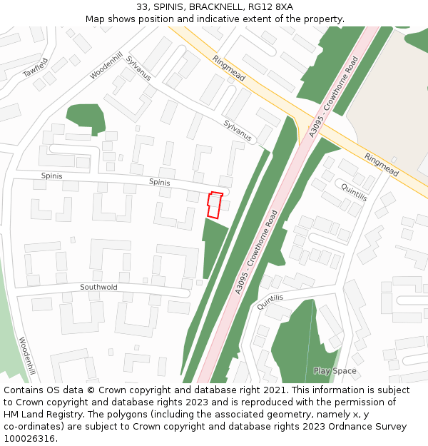 33, SPINIS, BRACKNELL, RG12 8XA: Location map and indicative extent of plot