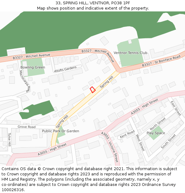 33, SPRING HILL, VENTNOR, PO38 1PF: Location map and indicative extent of plot